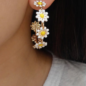 Brass Daisy Flower Hoop Earrings