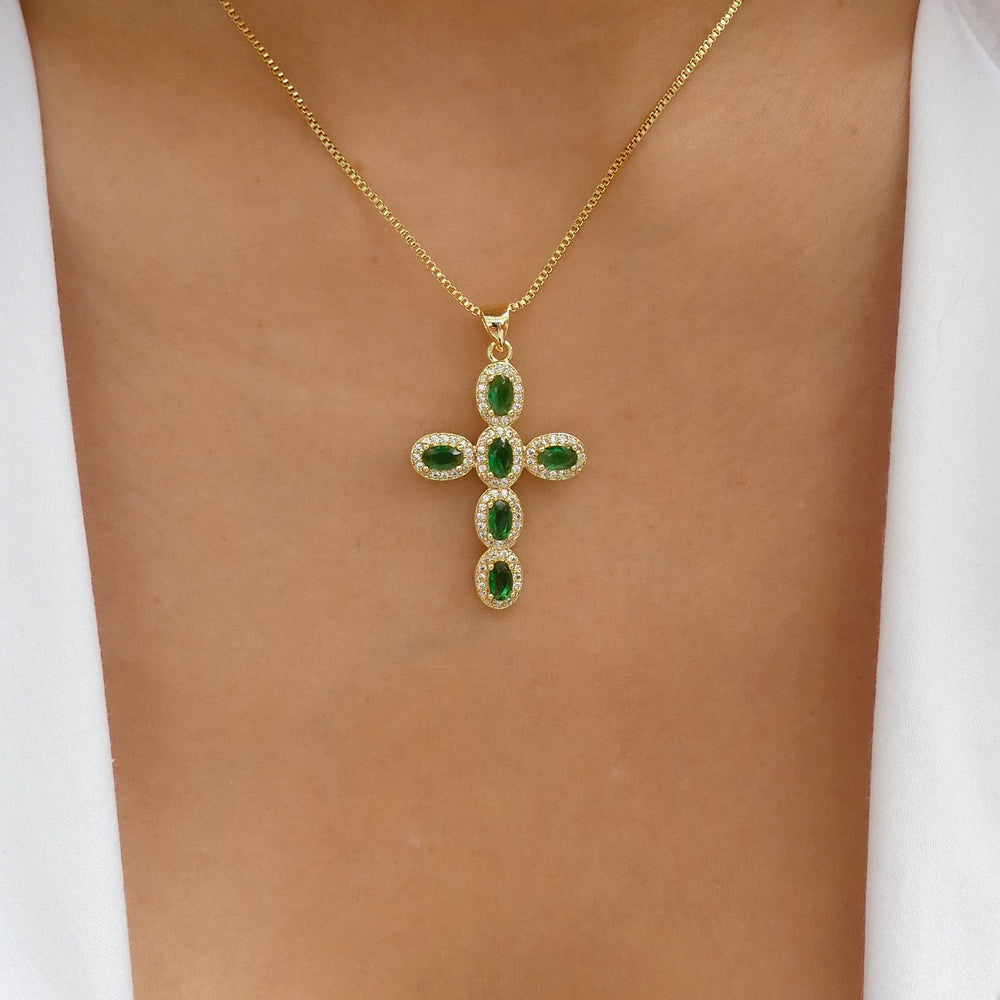 Crystal Sasha Cross Necklace (Emerald)
