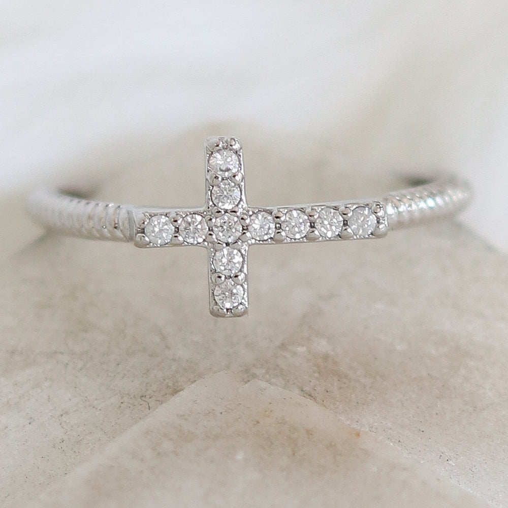 Crystal Side Cross Ring (Silver)