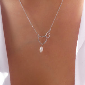 Double Heart Pearl Necklace (Silver)