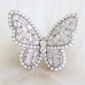 Crystal & Pearl Butterfly Ring (Silver)