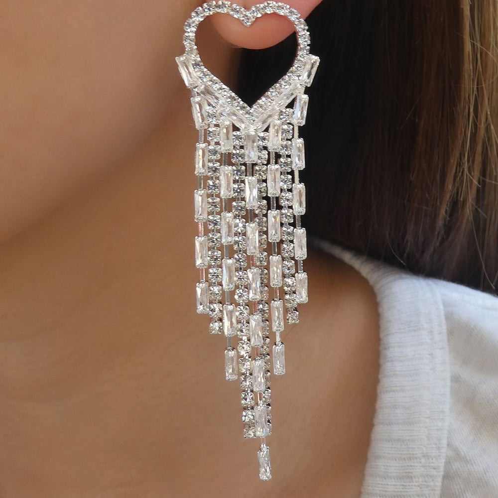 Rhinestone Heart Earrings In Silver