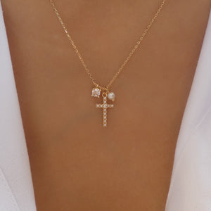 Simple Pearl Cross Pendant Necklace