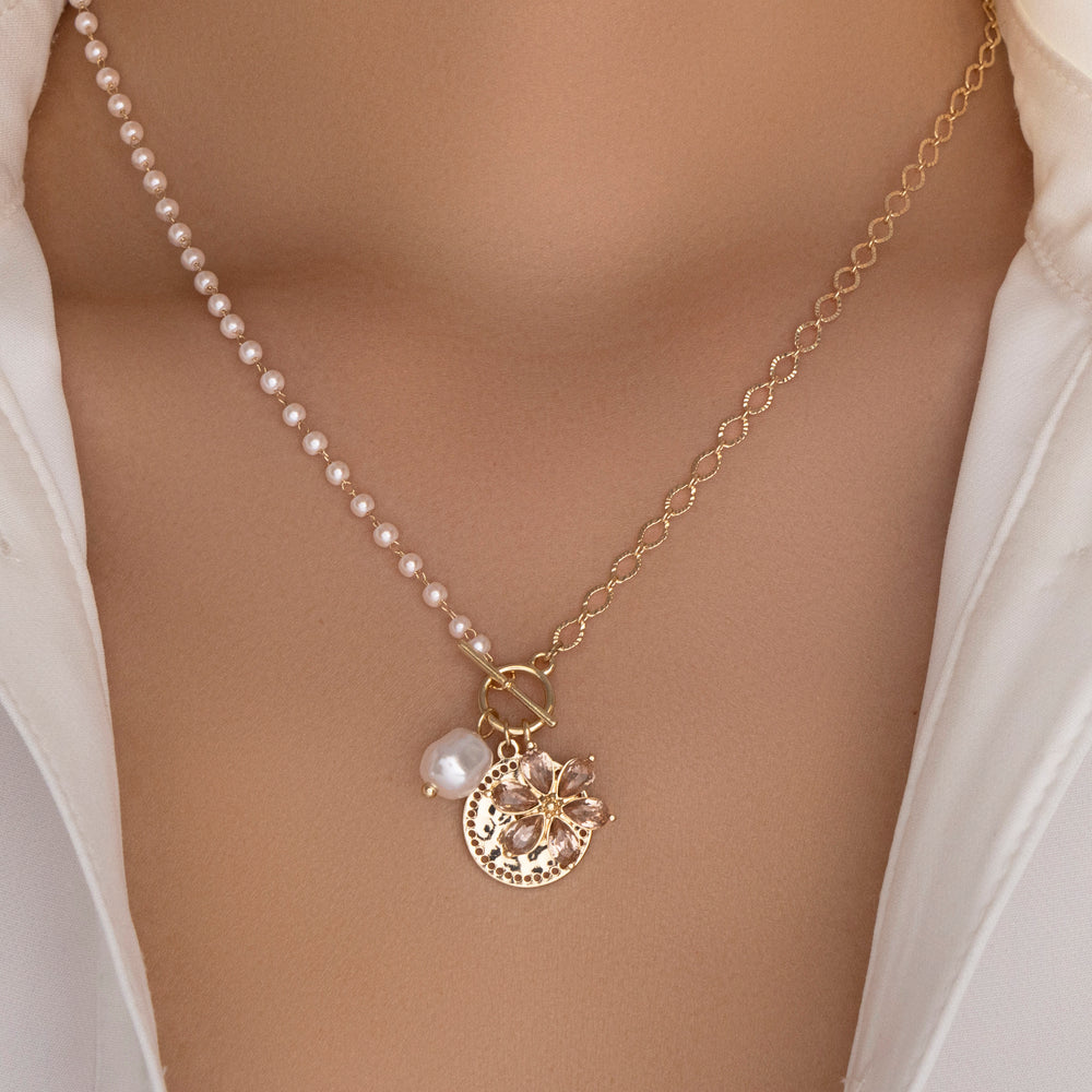 Debbie Pearl & Flower Charm Necklace