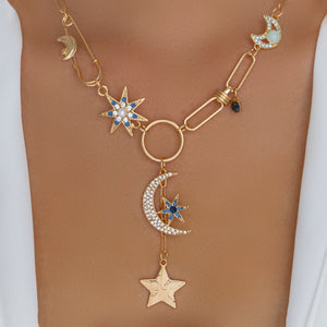 Blue Crystal Moon Charm Necklace