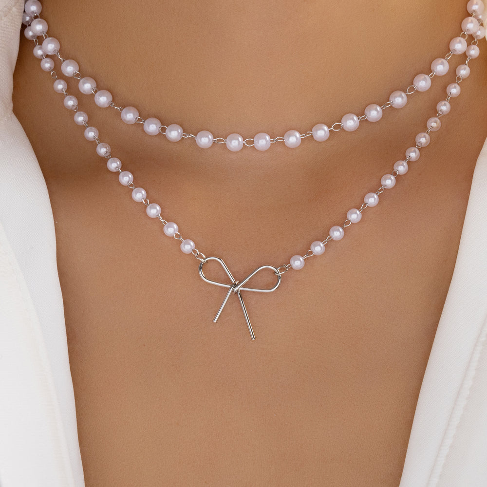 Bow & Pearl Layer Necklace (Silver)