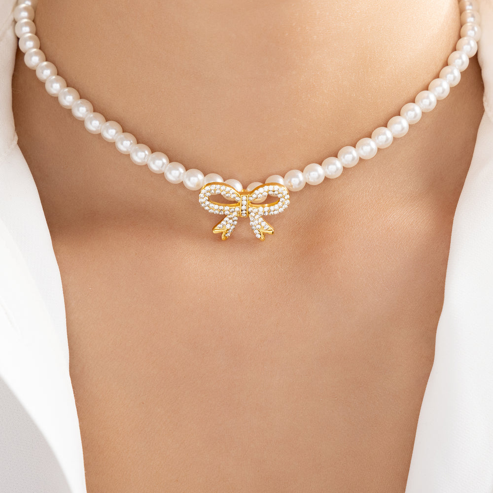 Crystal Bow & Pearl Necklace