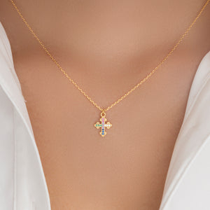 18K Mini Rainbow Cross Necklace