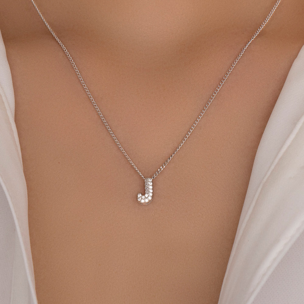 Mini Silver Crystal Letter Necklace (J)