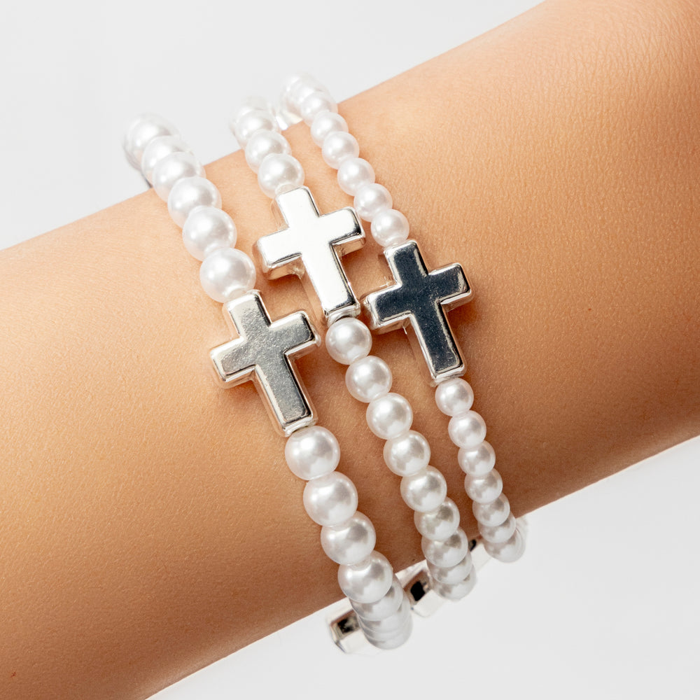 Evelyn Pearl Cross Bracelet Set (Silver)