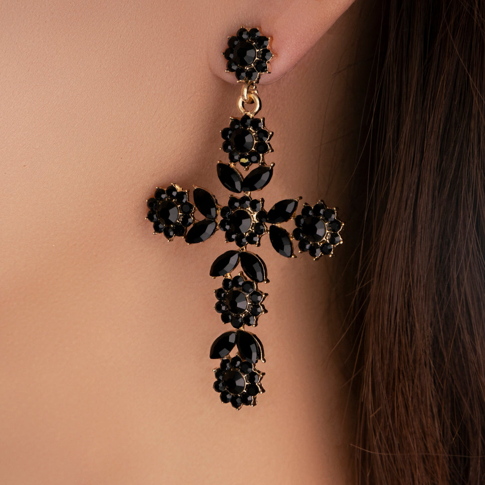 Crystal Carol Cross Earrings (Black)