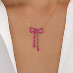 Crystal Bow Drop Necklace (Pink)