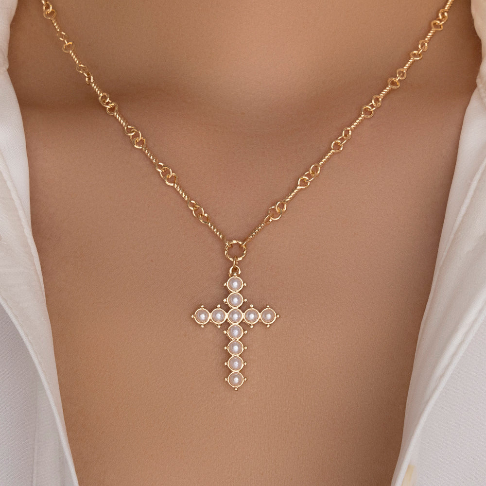 Linda Pearl Cross Necklace