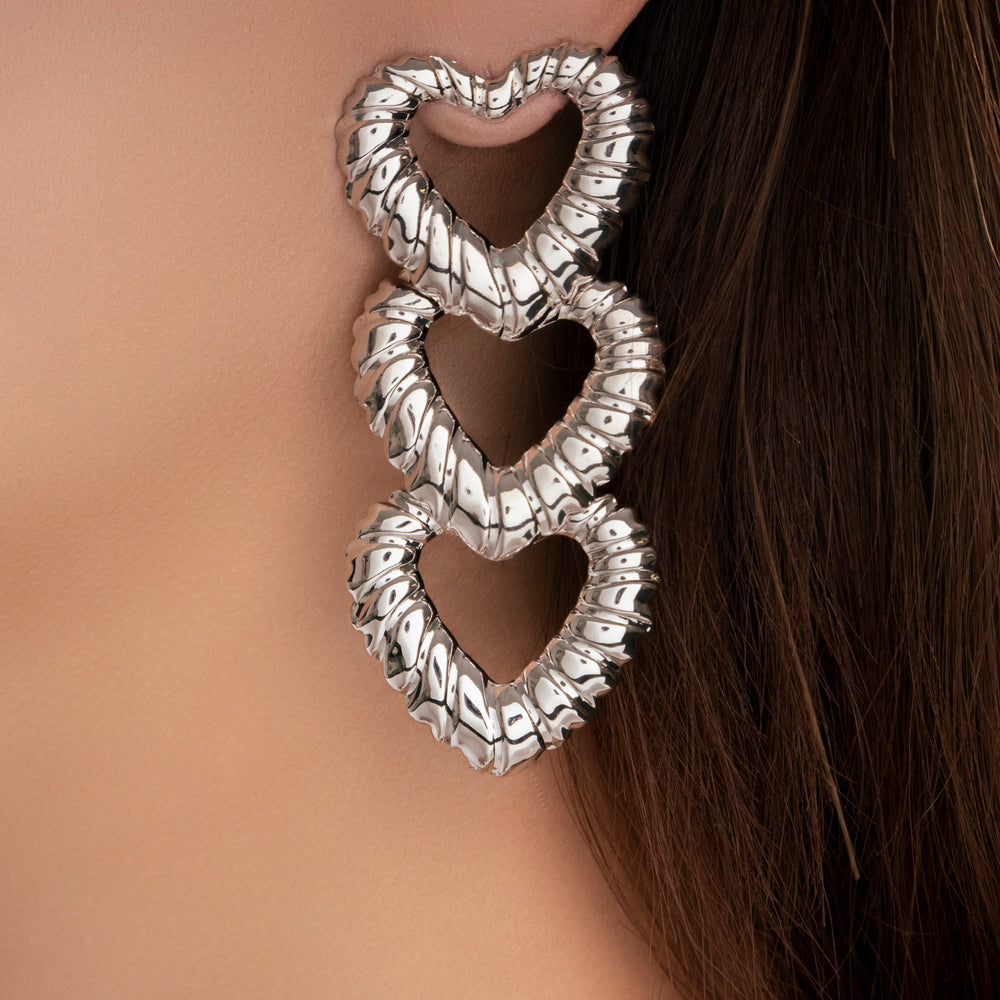 Triple Heart Earrings (Silver)