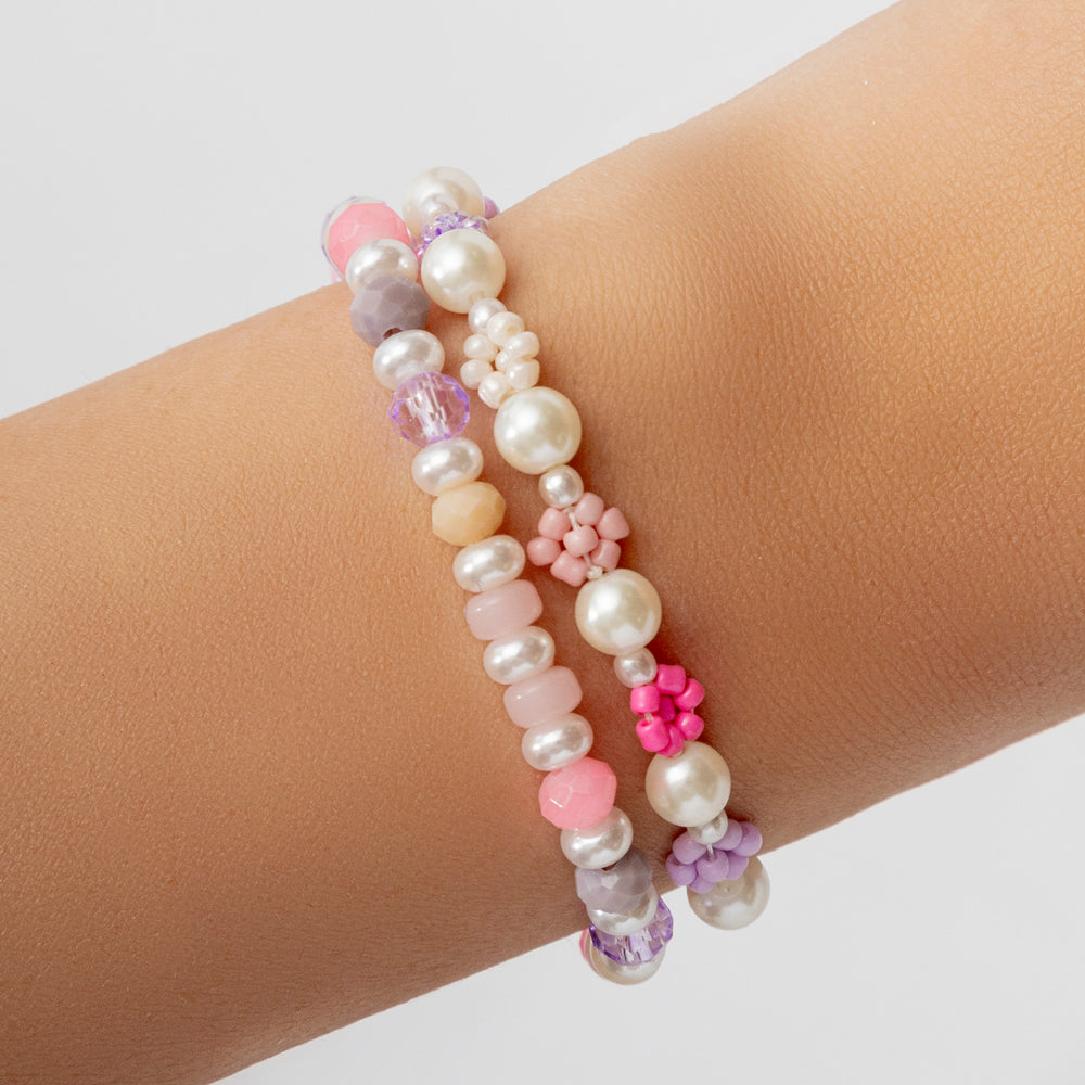 Small Flower Pearl Bracelet Set (Pink)