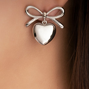 Dainty Bow Heart Earrings (Silver)