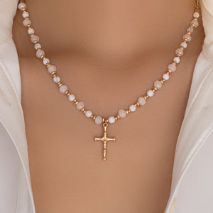 Cathy Cross Bead Necklace (White)