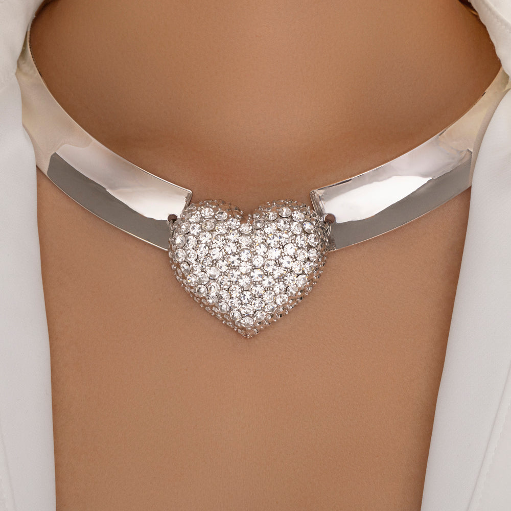 Bold Crystal Heart Choker (Silver)