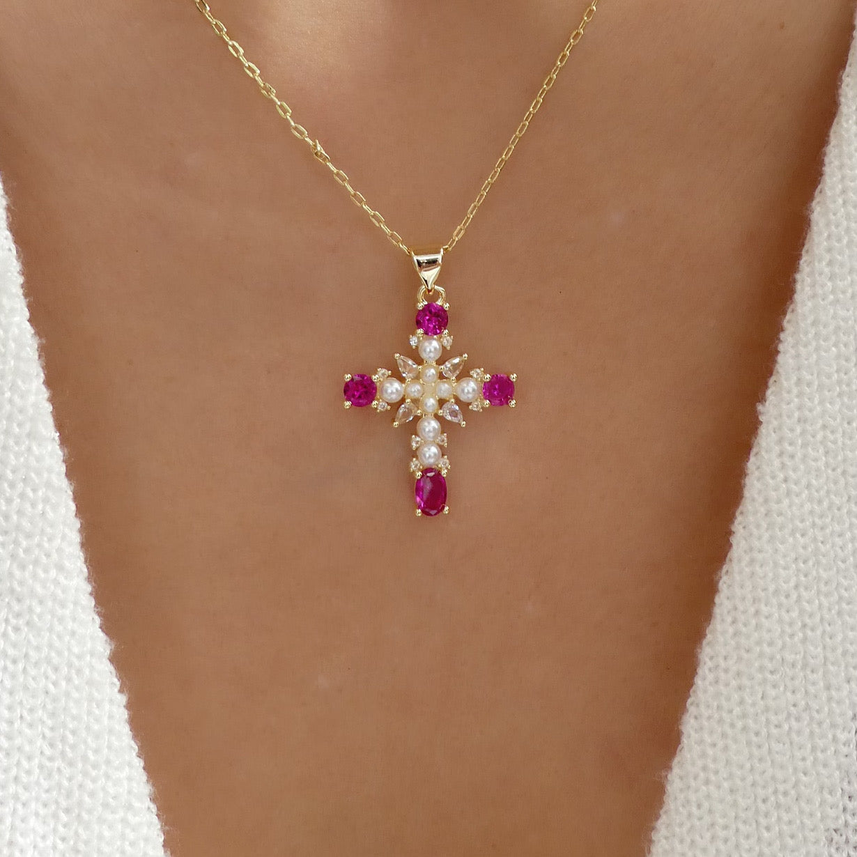 Pink And Pearl Cross Necklace Love Stylize 1718